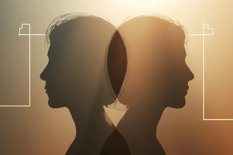 Two silhouettes back to back with hearts drawn like an etch a sketch