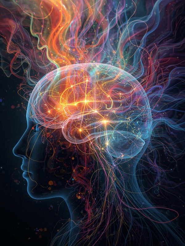 Transparent head showcasing a brain with many colors flowing into and out of it.