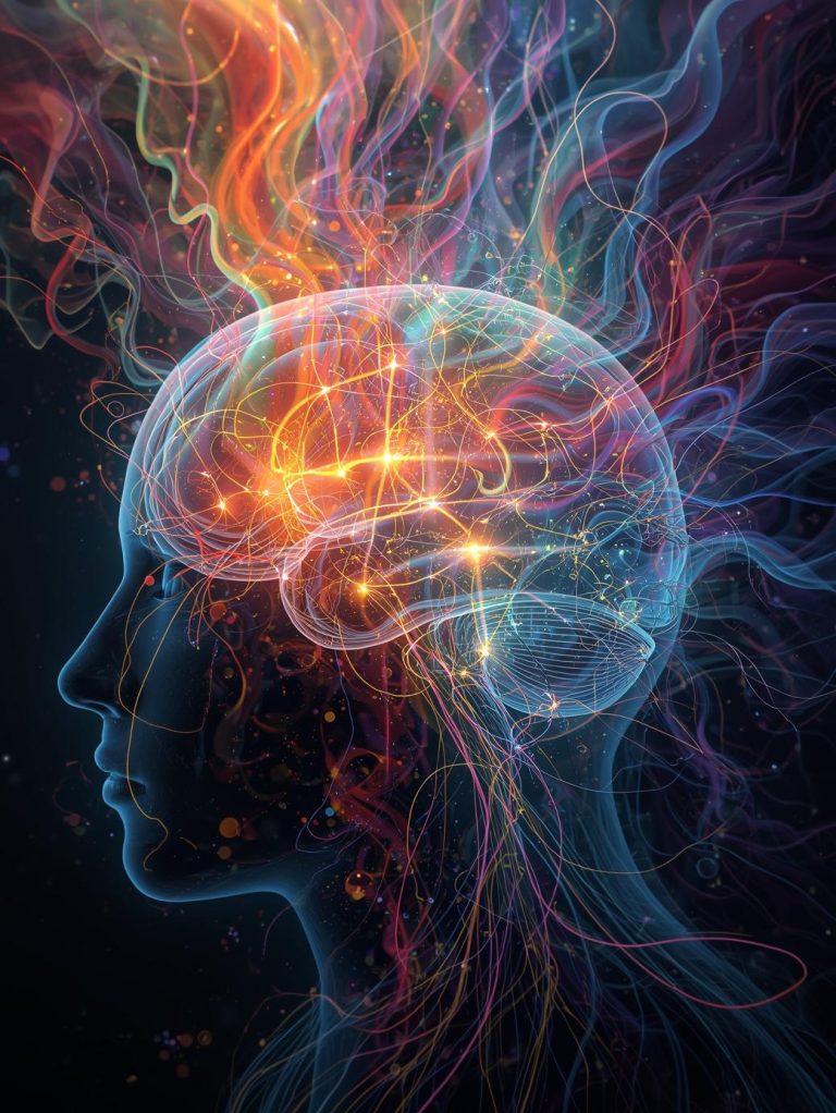 Stylish image showcasing the human brain with many vibrant colors flowing into and out of it.