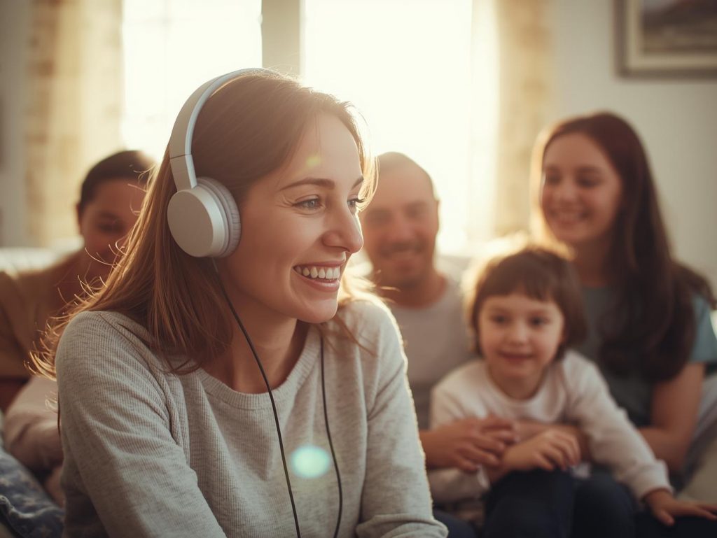 Image of a family gathered around a woman wearing headphones with a large smile and warm sunlight in the background.