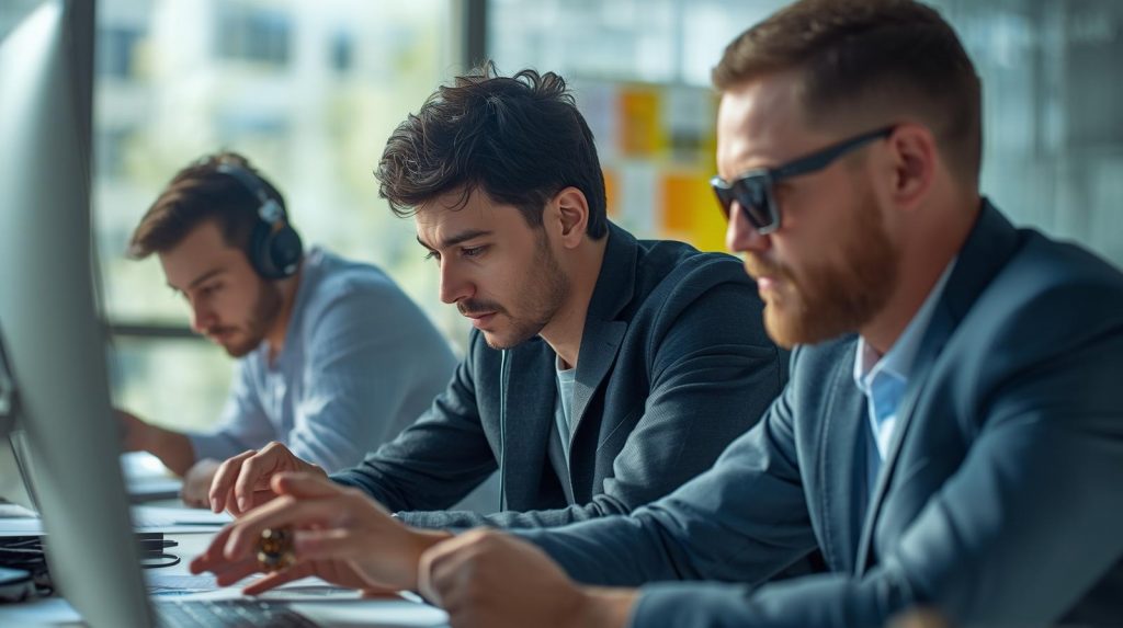 Image of three businessmen working on their laptops; one with a fidget toy, another wearing sunglasses, another with headphones on, depicting various accommodations for neurodiverse individuals.