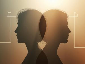 Image of two human silhouettes facing away from each other on a tan background.